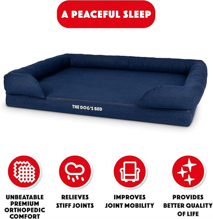 The Dog’s Bed Orthopedic Memory Foam Dog Bed with Bolsters for XXL Dogs, Waterproof Washable Cover, Anti-Slip Base, Calming Surface – CertiPUR-Certified Foam, Denim Fabric, Blue Denim, XXL