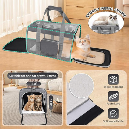 Cat Carrier for Large Cats up to 20 Lbs,Soft-Sided Pet Carrier for Large and Medium Cats, Small Dogs,Puppies,Collapsible Dog Carrier Travel Bag with 2 Storage Bags,4 Mesh Windows (Grey, Medium)