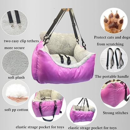 Small Dogs Car Seat Under 25,Fully Detachable and Washable Ultra Soft Carseat Travel, with Clip-on,Portable Handle and Storage Pockets Pet Booster Seats,Portable Dog CarTravel Carrier Bed