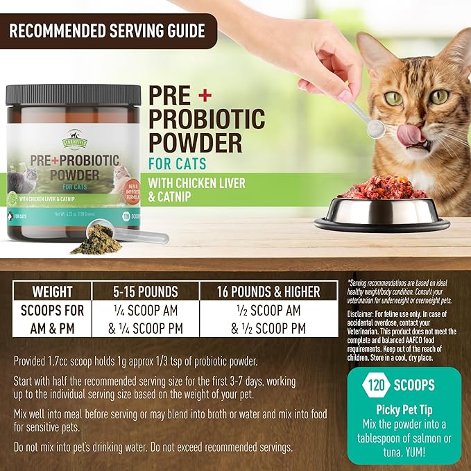 Strawfield Pets' Pre + Probiotic Powder for Cats with Catnip Probiotic for Cats Constipation, Diarrhea, Digestion Relief Immune Support Supplement Natural Chicken Liver Flavor 120 Grams / 120 Scoops