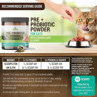 Strawfield Pets' Pre + Probiotic Powder for Cats with Catnip Probiotic for Cats Constipation, Diarrhea, Digestion Relief Immune Support Supplement Natural Chicken Liver Flavor 120 Grams / 120 Scoops