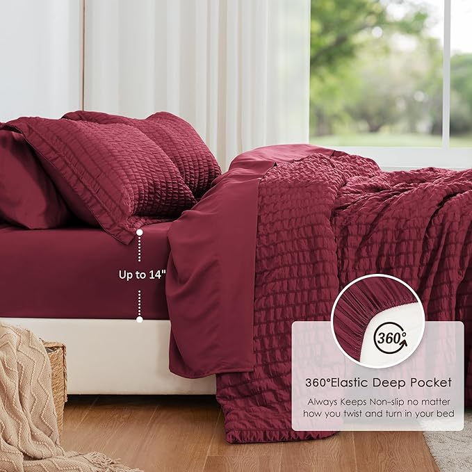 Love's cabin Seersucker Burgundy Queen Comforter Set, 7-Piece All Season Lightweight Bed in a Bag Bedding Set with Comforter, Flat Sheet, Fitted Sheet, Pillowcases and Shams | Soft, Breathable, Lightweight