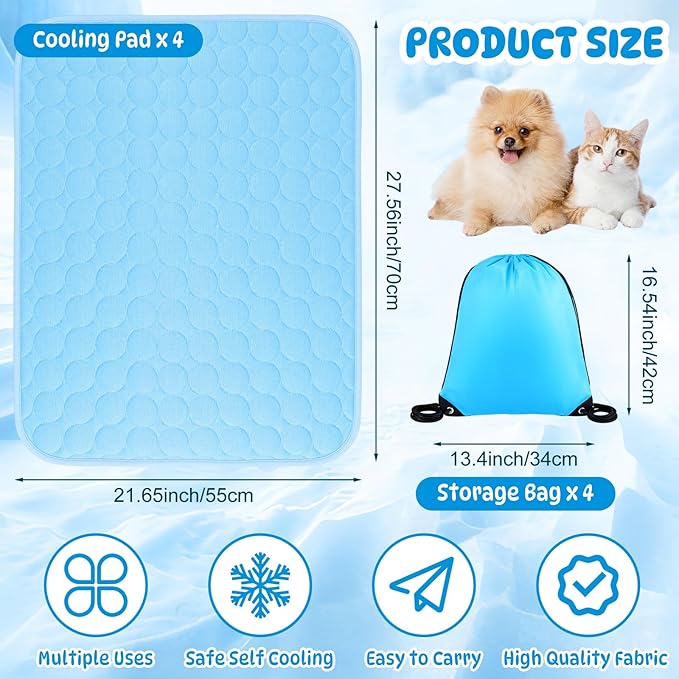Chunful 4 Pack Pet Cooling Mat for Dogs and Cats, Summer Washable Dog Cooling Pad with Non-Slip Bottom & Storage Bags, Foldable Self-Cooling Blanket for Crate, Sofa, Floor, Car(27 x 21 Inches)