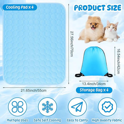 Chunful 4 Pack Pet Cooling Mat for Dogs and Cats, Summer Washable Dog Cooling Pad with Non-Slip Bottom & Storage Bags, Foldable Self-Cooling Blanket for Crate, Sofa, Floor, Car(27 x 21 Inches)