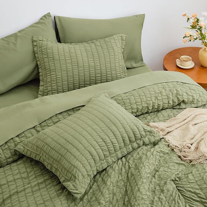 Love's cabin Seersucker Sage Green King Size Comforter Set, 7-Piece All Season Lightweight Bed in a Bag Bedding Set with Comforter, Flat Sheet, Fitted Sheet, Pillowcases and Shams | Soft, Breathable, Lightweight