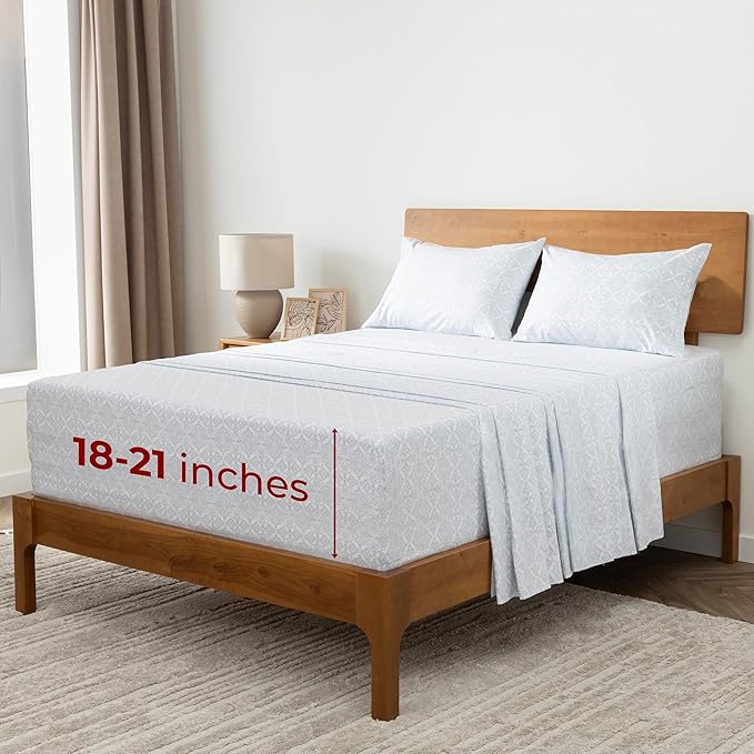 Mellanni Extra Deep California King Sheets - 4 PC Iconic Collection Bedding - Luxury, Ultra Soft, Cooling Bed Sheets - Wrinkle, Fade, Stain Resistant (Cal King, Laced Sky Blue)