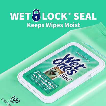 Wet Ones for Pets Hypoallergenic Multipurpose Dog Wipes with Vitamins A, C & E - No Fragrance Pet Wipes for Dogs with Wet Lock Seal, 100 Count - 12 Pack