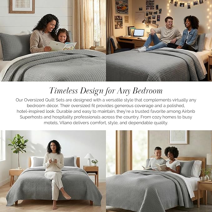 Southshore Fine Living, Inc. Twin XL Comforter Quilt Bedding Set, Dorm Room Bedding Essentials, Stain Resistant, Machine Washable Bedspread Twin XL Grey Quilt Bed Spread with Pillow Sham, Steel Grey
