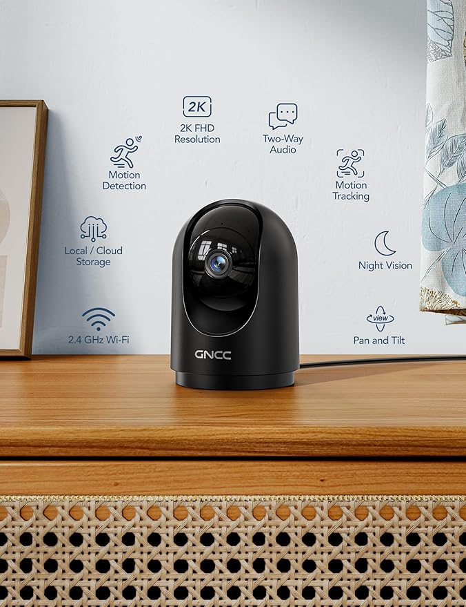 GNCC Indoor Security Camera, 2K Cameras for Home Security with Motion Detection, Baby/Pet Camera with Phone App, Night Vision, 2-Way Audio, TF/Cloud Storage, Works with Alexa & Google Home, 2.4G WiFi
