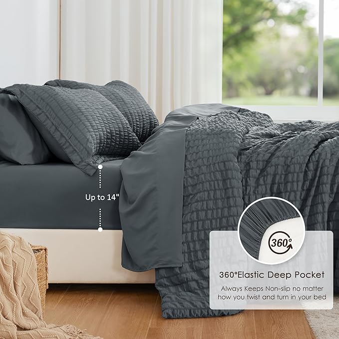 Love's cabin Seersucker Charcoal Grey Twin Comforter Set, 5-Piece All Season Lightweight Bed in a Bag Bedding Set with Comforter, Flat Sheet, Fitted Sheet, Pillowcase and Sham | Soft, Breathable, Lightweight