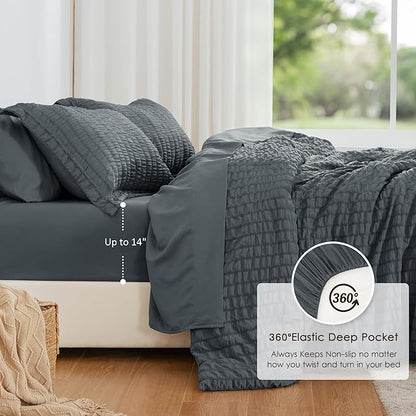 Love's cabin Seersucker Charcoal Grey Twin XL Comforter Set, 5-Piece All Season Lightweight Bed in a Bag Bedding Set with Comforter, Flat Sheet, Fitted Sheet, Pillowcase and Sham | Soft, Breathable, Lightweight