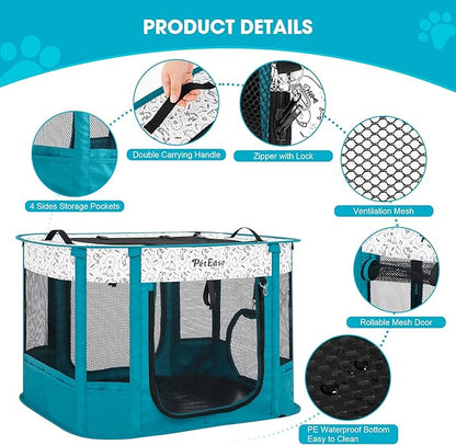 Portable Cat Playpen with Litter Box, Cat Enclosure for Camping, Cat Recovery Playpen After Surgery, Foldable Indoor Outdoor Pet Tent for Cats Rabbits Puppies (Peacock Blue)