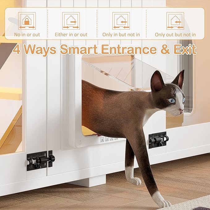LUMISOL Indoor Cat House with LED Light, Large Cat Litter Box Enclosure with Stairs and Cat Scratching Post, Hidden Litter Box Cabinet Furniture, Side Table with Smart Doors for Living Room, White