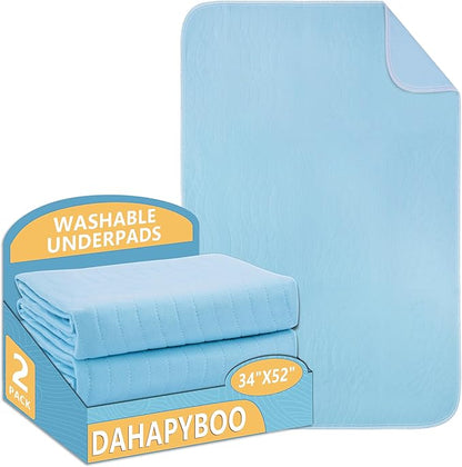 DAHAPYBOO Washable Underpads, 34'x52' 2 Pack Incontinence Pads, Heavy Absorbency Reusable Pads for Elderly, Kids, Adults and Pets, Waterproof Quick Drying for Bed, Sofa, Floor