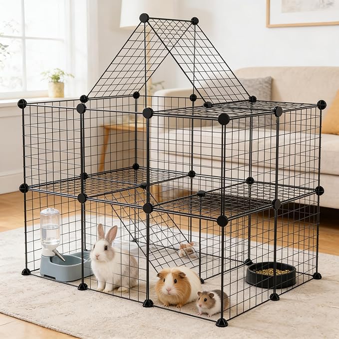 36 Panels Small Animals Playpen, Portable DIY Pet Playpen with Metal Enclosure Cage for Guinea Pig, Rabbit, Bunny, Chicken, Hedgehogs, Puppy, Hamster, Two-Story Playpen Indoor Outdoor