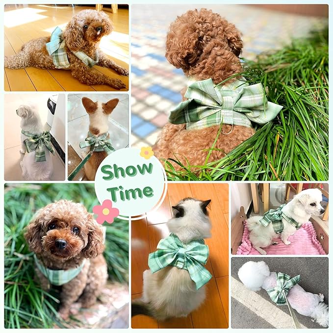 Cute Dog Harness and Leash Set with Bow Tie Soft Mesh Plaid Girl Puppy Harness No Pull Pet Cat Dog Vest Harness for Small Dogs Chihuahua Rabbit Outfit (Green,S)