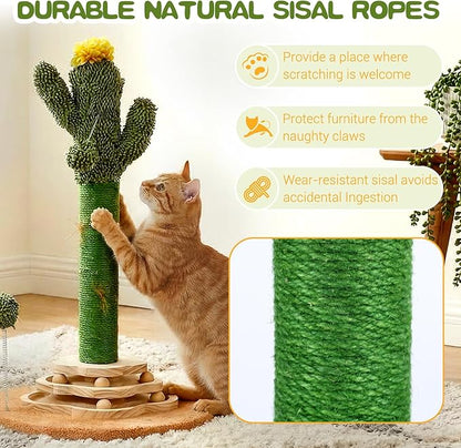 Cactus Cat Scratching Post Cat Tree, Cute Cat Scratching Post with Interactive Ball Two-Layer Track Spring Ball Toys, Standing Sisal Cactus Cat Scratcher for Indoor Cats and Kittens