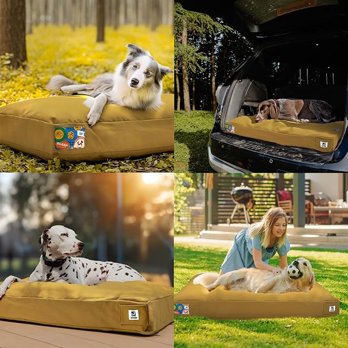Sytopia 42 Inch Waterproof Indestructible Canvas Outdoor Dog Bed for Extra Large Dogs, Chew Proof Dog Crate Bed with Washable Removable Cover, Indoor Outdoor Patio Pet Pad, Yellow