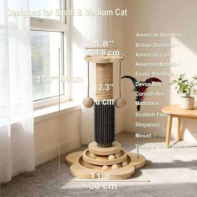 Wooden Cat Scratching Post with Brush, 4 in 1 Cat Scratcher Kitten Toys for Indoor Cats, 17.7" Tall Sisal Post with Two-Laye Wooden Ball Track, Ideal for Small Medium Cat