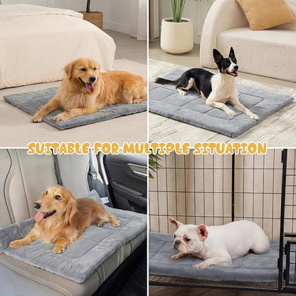 Dunzy 2 Pack Dog Bed Mat 35x23 Memory Foam Pet Crate Pad Orthopedic Dog Bed for Large Medium Breed Soft Comfy Faux Fur Linen Reversible Machine Washable Kennel Cozy Sleeping Mat Light Gray Dark Gray