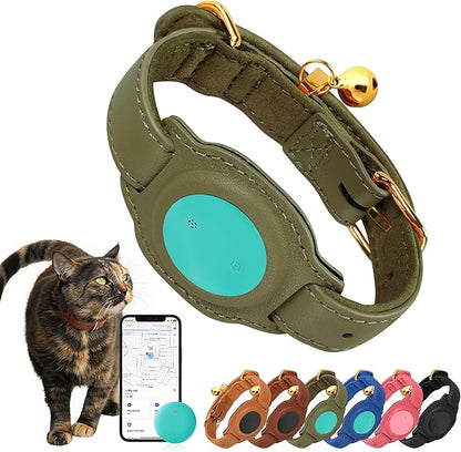 Cat Tracker, GPS Pet Tracker for Cats (Only iOS), Leather Cat Collar with Tracker, Works with Any Collar, No Monthly Fee, Compatible with Apple Find My App not for Android (Olive Green)