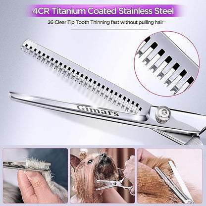 Gimars Professional 4CR Stainless Steel 6 in 1 Grooming Scissors for Dogs with Safety Round Tip, Heavy Duty Titanium Coated Pet Grooming Scissor for Dogs, Cats and Other Animals
