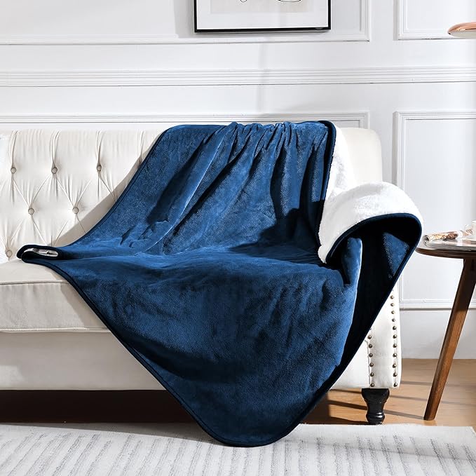 Waterproof Blanket for Bed Couch Sofa, Soft Liquid Pee Proof Pet Blanket for Dog Puppy Cat, Reversible Sherpa Fleece Furniture Protector (Navy Blue, 50x60 inches)