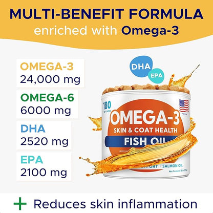 Omega 3 Fish Oil for Dogs (180Ct) - Skin&Coat Chews - Dry & Itchy Skin Relief + Allergy Support - Shiny Coat - EPA&DHA Fatty Acids - Salmon Oil Chews Promotes Heart, Hip & Joint Support