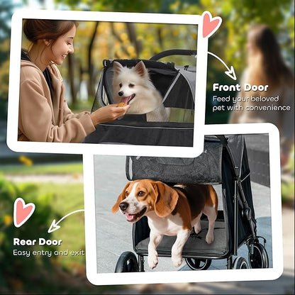 PawHut Dog Stroller for Large Medium Small Dogs up to 66 Lbs. 23.5" in Body Length, One-Click Foldable Pet Cat Stroller with Storage, Shock Absorption Wheels, Mesh Window, Safety Leash, Gray