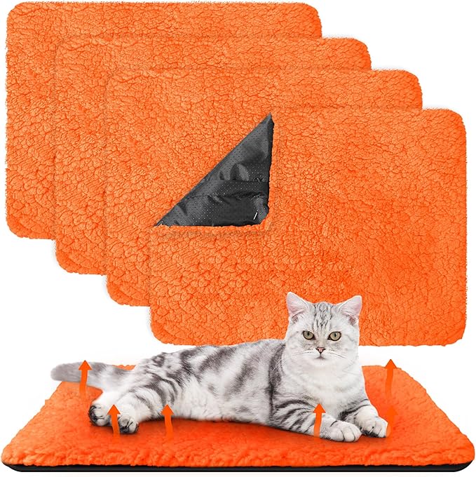 Drydiet 4 Pack Self Warming Cat Pads Self Heating Cat Mat Washable Homeless Dogs Thermal Pads Kennel Pad Reflects Body Heat Warm Crate Bed Mat for Indoor Outdoor Pet(Orange,16 x 20 Inch)