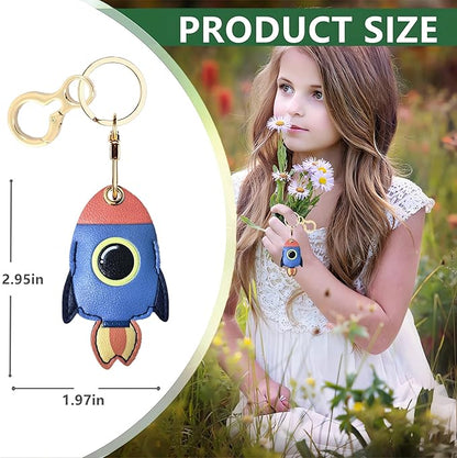 Leather Keychain Holder Case Compatible with AirTag,Cute Protective Cover with Keyring,Anti-Scratch Finder GPS Tracker Case for Wallet Keys,bag,pets,Backpack(Rocket Blue)