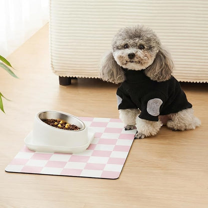 Ralxion Checkered Dog Feeding Mat, Absorbent Mats for Dog Food and Water Bowl, Dispenser, Retro Aesthetic Cute Pink Checkerboard Pet Placemat for Dogs, Cats, Puppy Accessories, 12" X19”