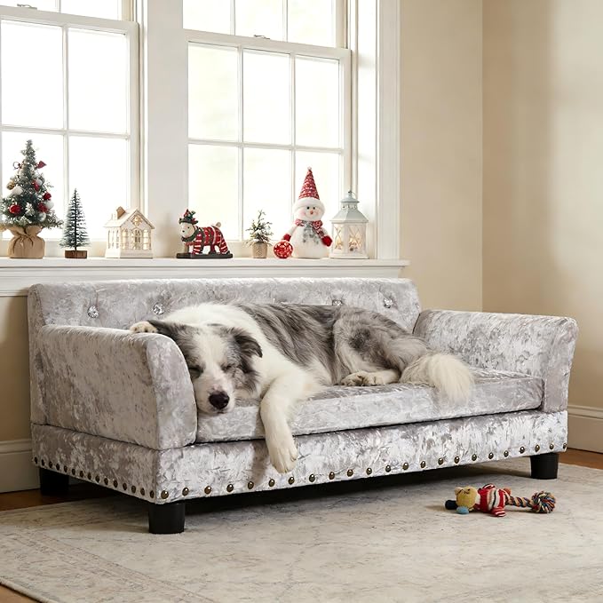 BingoPaw Large Dog Sofa Couch: Modern Dog Couch Made by Deluxe Tufted Velvet - Indoor Elevated Doggy Sofa with Removable Cover Clearance for Pets Up to 80lbs