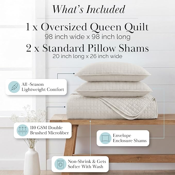 Southshore Fine Living, Inc. Full/Queen Quilt Bedding Set, Microfiber Quilts Queen Size, Coverlet, Stain & Pet Hair Resistant Bedding, Full Size Bedspread with 2 Pillow Shams, Natural Beige