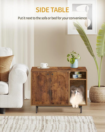 Hzuaneri Cat Litter Box Enclosure Enclosed, Hidden Litter Box Cabinet Furniture with Storage, Wooden Indoor Cat House Large, Modern End Table for Living Room Entryway, Rustic Brown and Black CB01501B