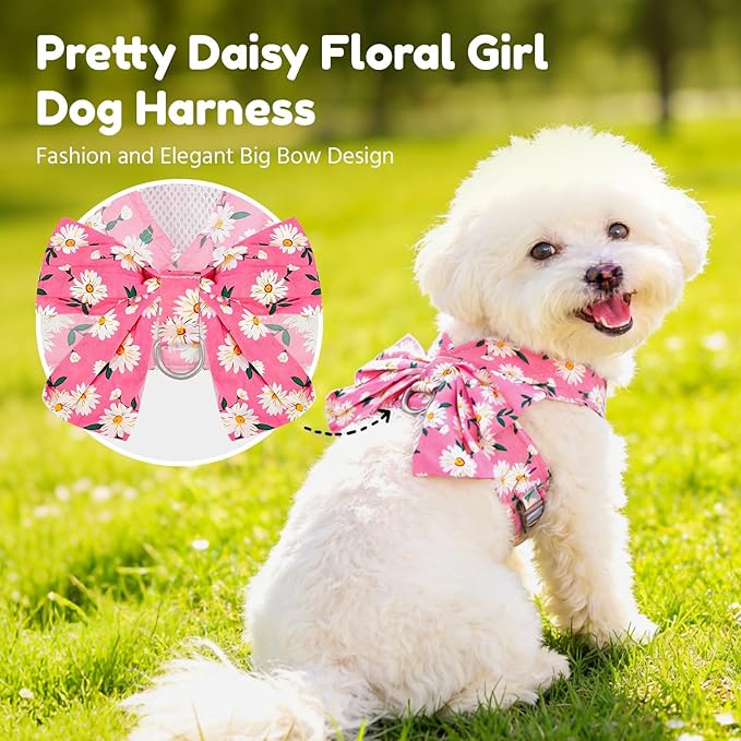 BAEJMJK Dog Harness and Leash Set with Bow Knot No Pull Pet Daisy Floral Harness with D-Ring Soft Mesh Dog Harness Vest Set Escape Proof Princess Puppy Harness for Small Girl Dogs Cats（Pink XS）
