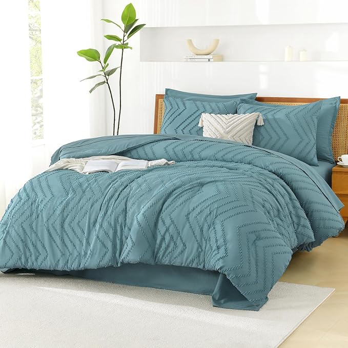 Litanika Super King Plus Size Comforter Set with Sheets Grayish Teal - 7 Pieces Bed in a Bag Oversized King Boho Tufted Complete Bedding Sets with Comforter, Sheets, Pillowcases & Shams