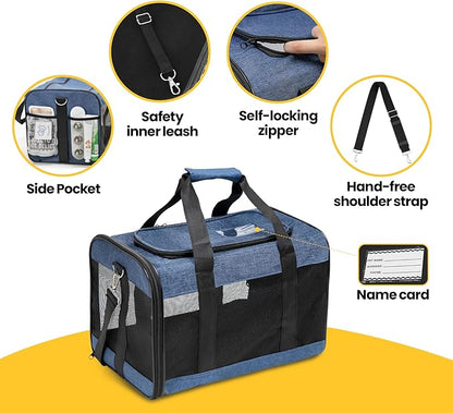 Conlun Cat Carrier Airline Approved, Soft-Sided Dog Carrier with Inner Safety Leash, Pet Transport Carrier for Small-Medium Cats Puppies up to 15 Lbs, Collapsible Travel Kitten Carrier Bag -Blue M