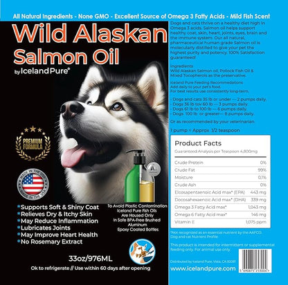 Iceland Pure Wild Alaskan Salmon Oil for Dogs & Cats, Omega-3 Fish Oil, Liquid Supplement for Pets, Supports Immune System & Heart Health, 33oz