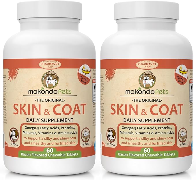 Skin and Coat Supplement with Fish Oil and Omega 3 for Dogs and Cats - Dog Itch Relief Pet Supplement for Shedding, Dry Itchy Skin and Allergies - Dog Allergy Treatment Vitamins (2-Pack, 120 Tabs)