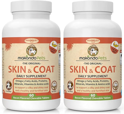 Skin and Coat Supplement with Fish Oil and Omega 3 for Dogs and Cats - Dog Itch Relief Pet Supplement for Shedding, Dry Itchy Skin and Allergies - Dog Allergy Treatment Vitamins (2-Pack, 120 Tabs)