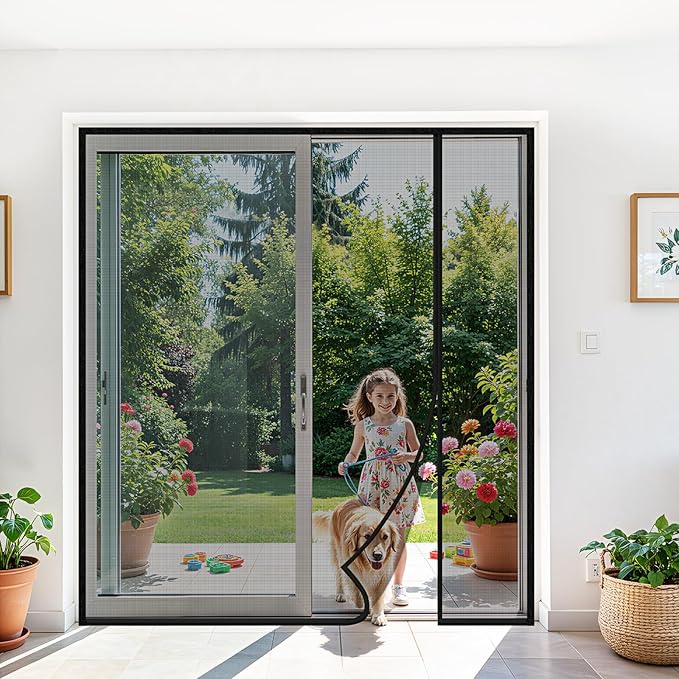 Magnetic Closure Screen Door, Reversible Mesh Door Screen Fits 72" x 80" Door, Heavy-Duty Magnetic Mesh Curtain for Sliding Door and French Door, Self-Sealing, Portable Patio Screen (74" x 81")