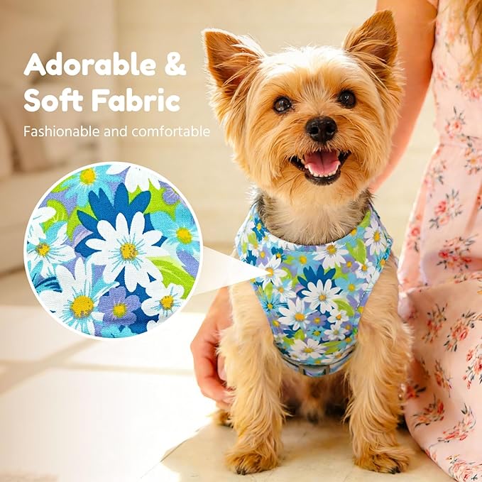 BAEJMJK Dog Harness and Leash Set with Bow Knot No Pull Pet Daisy Floral Harness with D-Ring Soft Mesh Dog Harness Vest Set Escape Proof Princess Puppy Harness for Small Girl Dogs Cats（Blue A L）