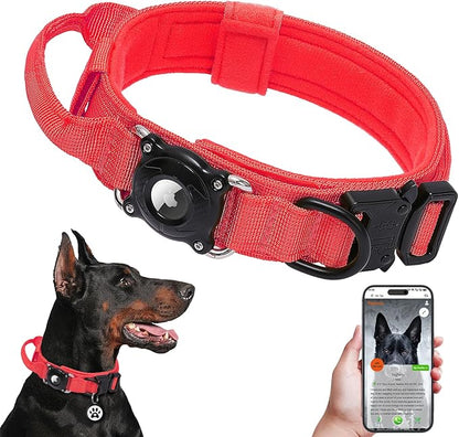 Tactical AirTag Dog Collar Waterproof with QR ID Tag, Military Training Dog Collar with Built-in AirTag Holder, Strong Metal Buckle & Control Handle, GPS Tracking Collar for Medium Dogs (Red, M)