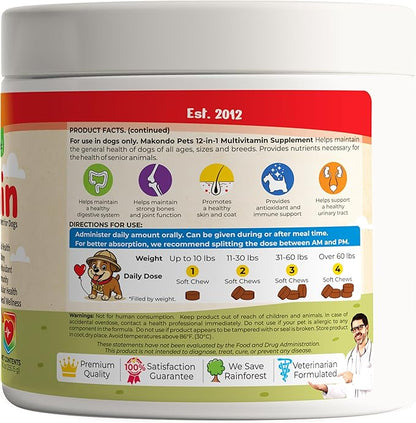 Multivitamin for Dogs 12 in 1 Soft Chews (120) – Dog multivitamin with probiotics + Digestive enzymes, Skin & Coat Support, Immune Defense & Gut Health, Cranberry Urinary Support