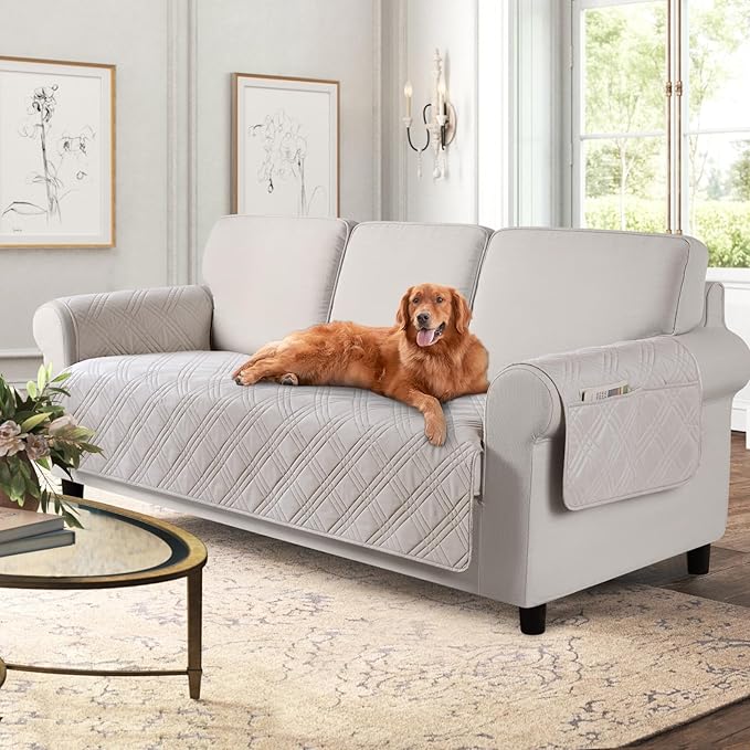 TAOCOCO Waterproof Couch Covers for Pets Dogs with Non Slip Backing, Sofa Seat Covers with Side Pocket for 3 Cushion Couch Washable Dog Couch Cover Protector Sofa Slipcovers(Sofa, Cream)