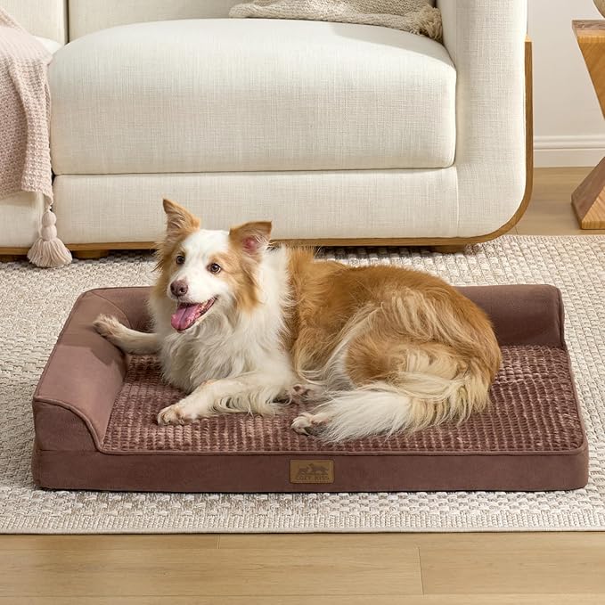 COZY KISS Orthopedic Dog Bed for Extra Large, XXL Dogs Bed, L Shaped Foam Anti-Slip Bottom Giant Pet Cat Sofa with Washable Cover, Suitable for Pet Up to 150 lbs, 48x35x8 inch, Brown ﻿