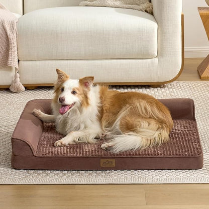 COZY KISS Orthopedic Dog Bed for Extra Large, XXL Dogs Bed, L Shaped Foam Anti-Slip Bottom Giant Pet Cat Sofa with Washable Cover, Suitable for Pet Up to 150 lbs, 48x35x8 inch, Brown ﻿