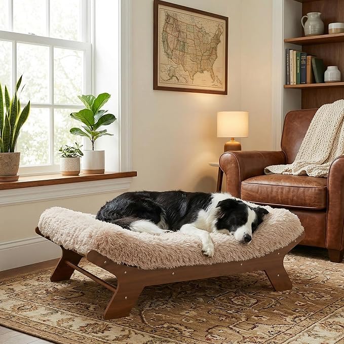 Muihood Wood Elevated Dog Bed Frame and Egg Crate Foam Mattress, Luxurious Suitable for Pets Up to 80 lbs, Walnut Grain Pattern, L