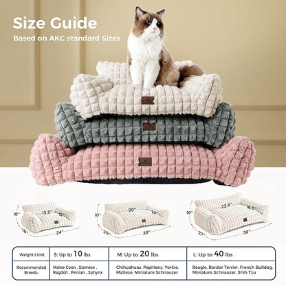 Cat Beds for Indoor Cats - Cute Cat Couch Bed Fluffy Pet Sofa with Faux Rabbit Fur Washable Cover, Fuzzy Pet Couch in 3D Diamond Pattern, Suppportive Large & Small Cats Sofa, 24inch Off White